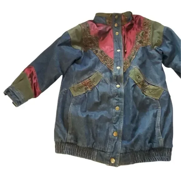 Vintage 90’s women’s size Med denim patchwork coat Aztec inspired - Picture 3 of 14